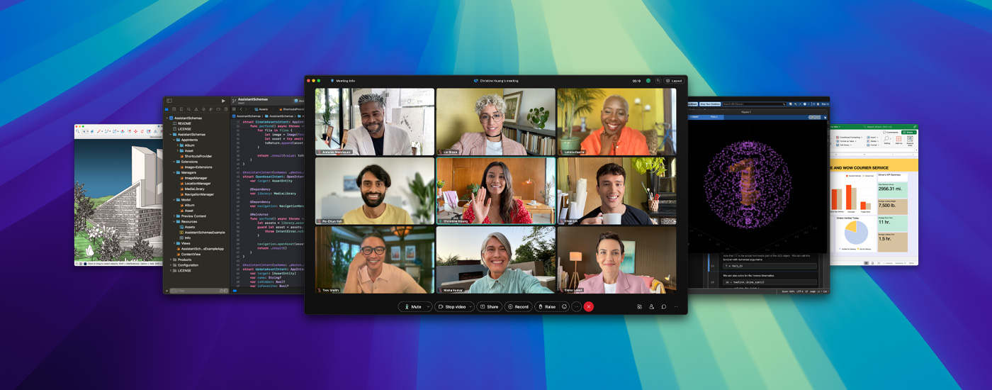 Multiple app screens displayed, including a virtual meeting held on Zoom.