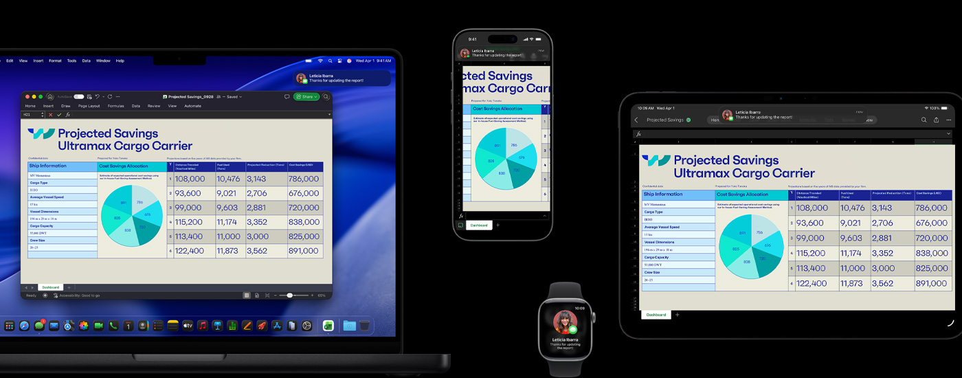 A spreadsheet and text message displayed on a suite of devices, including iPhone, iPad, Apple Watch and Mac, which shows macOS Tahoe.