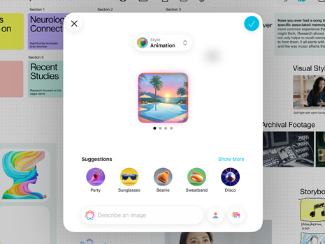 UI of the Image Playground experience shows a pool with palm trees during a colourful sunset with suggestions for more elements to add to the image.