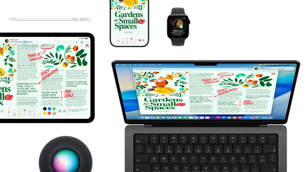A suite of devices including an iPad, iPhone, Apple Watch and macOS Tahoe on Mac, which all show the same magazine layout.