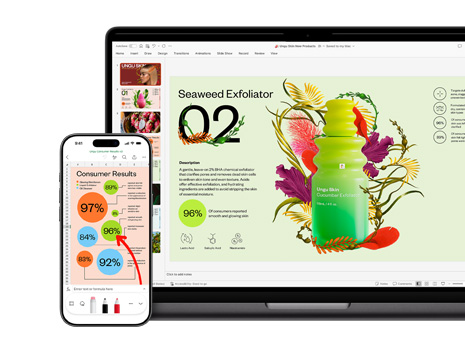 A Mac and an iPhone displaying different sections of a vibrant and colourful presentation focused on a skincare product.