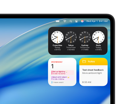 Mac desktop shows macOS Tahoe and various widgets including Clock, Calendar and Notes.