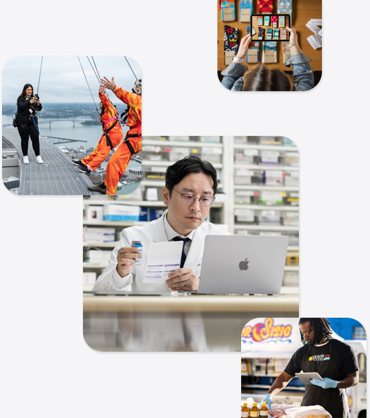 Various small businesses, including a pharmicist in a lab coat interacting with a MacBook, a bungee jumping instructor taking an iPhone photo of two people about to bungee jump, a man holding an iPad while interacting with food items, and a woman taking an iPad photo of socks displayed on a table.