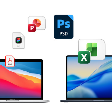 Front view of two side-by-side MacBooks with different colourful desktop backgrounds. File icons are displayed in an arc above the MacBooks. File icons include Acrobat file, Figma file, PowerPoint file, Photoshop file, Excel file.