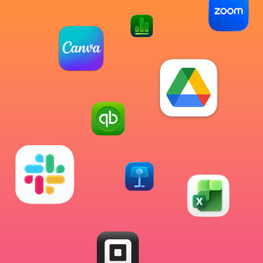 Icons of productivity apps including Slack, Canva, Google Workspace, Zoom, Quickbooks, Keynote, Excel, Square and Numbers against a colourful background.