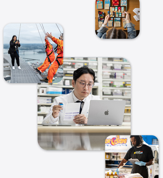 Various small businesses, including a pharmicist in a lab coat interacting with a MacBook, a bungee jumping instructor taking an iPhone photo of two people about to bungee jump and a man holding an iPad while interacting with food items.