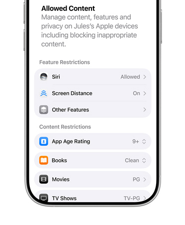 iPhone mostrando opções de restrição de conteúdo e privacidade para a conta de criança