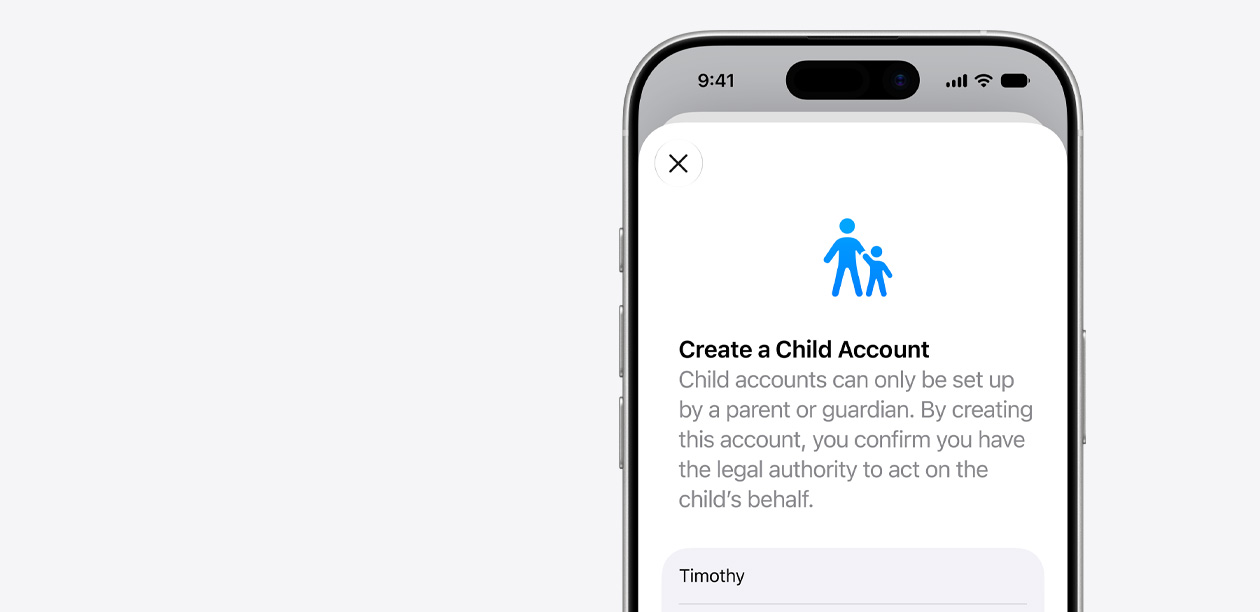 iPhone mostrando a interface de configuração da conta de criança com o ícone de uma criança e um adulto acima dos campos para o nome da criança
