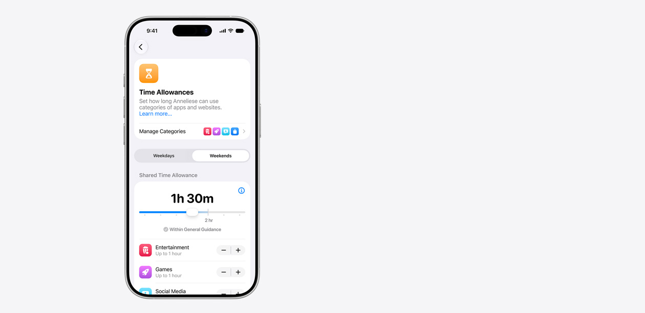 iPhone mostrando a interface do Limite de Tempo, incluindo um intervalo compartilhado de duas horas e 30 minutos, e sugestões de limites para categorias de apps como entretenimento, jogos e redes sociais