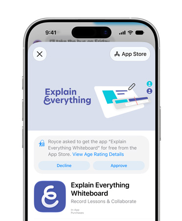 iPhone mostrando a página de produto do Explain Everything Whiteboard na App Store, com uma mensagem pedindo para recusar ou aprovar o acesso para uma conta de criança