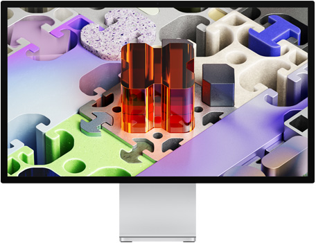 الجانب الأمامي لشاشة Studio&nbsp;Display&nbsp;XDR‏ مع خلفية شاشة تشبه أحجية ثلاثية الأبعاد