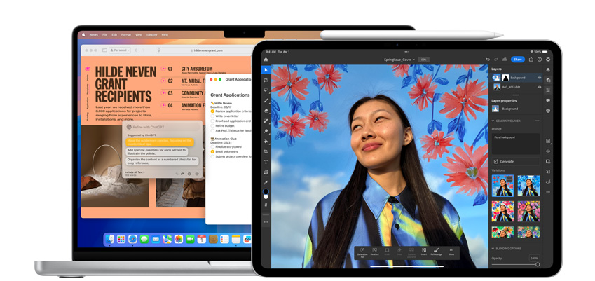 Alcune app con AI integrata mostrate su un MacBook e un iPad