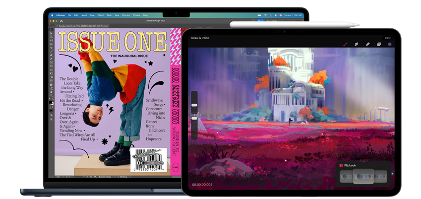 Alcune app di disegno mostrate su MacBook e iPad; accanto all’iPad c’è una Apple Pencil Pro.