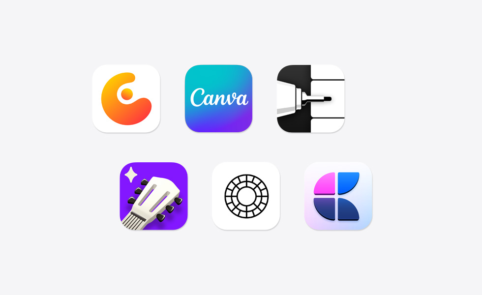 Varie icone di app disposte in ordine sparso, tra cui Concepts, Canva, Flow Note Taking, Simply Guitar, VSCO e Craft