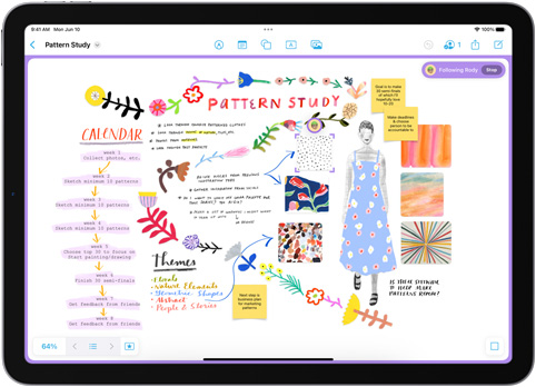 Nell’app Freeform su iPad, diversi memo sono applicati su una lavagna etichettata Pattern Study