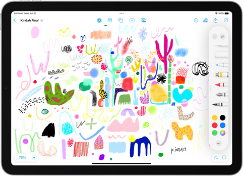 Su un iPad, il cassetto degli strumenti di disegno nell’app Freeform è aperto sopra un disegno colorato