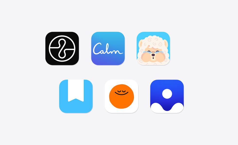Varie icone di app disposte in ordine sparso, tra cui Endel, Calm, Mindllama, Day One Journal, Headspace, Clearful