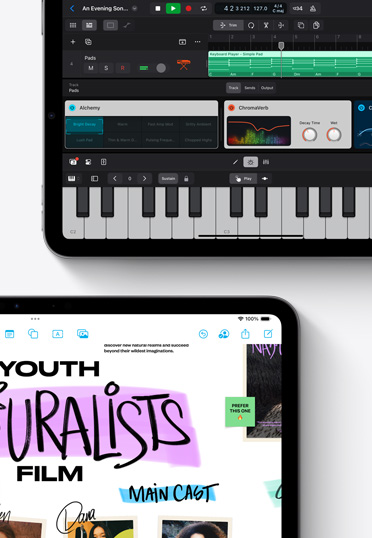 Due iPad con le app Logic Pro e Freeform.