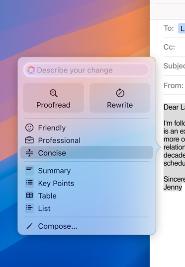 Un Mac desktop che mostra la schermata della bozza di un’email con un messaggio di Apple Intelligence. È stata selezionata l’opzione per sintetizzare il messaggio.