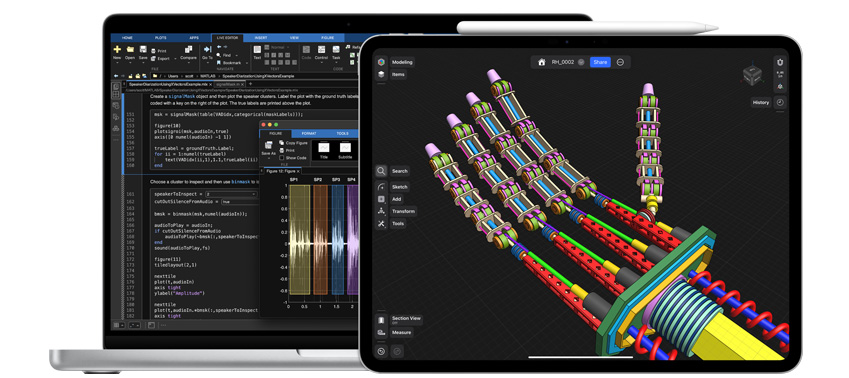 Alcune app di scienze, tecnologia, ingegneria e matematica mostrate su MacBook e iPad; accanto all’iPad c’è una Apple Pencil Pro.