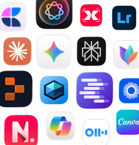  MindNode, Adobe Lightroom, Claude, Google Gemini 등 AI 앱 아이콘 모음
