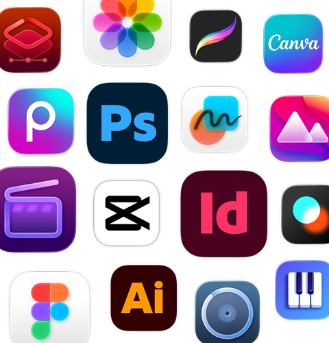 Adobe Illustrator, Canva, CapCut, Figma 등 생선성 앱 아이콘 모음