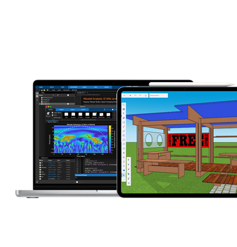 MATLAB을 보여주는 Mac 화면 및 Shapr3D를 보여주는 iPad 화면