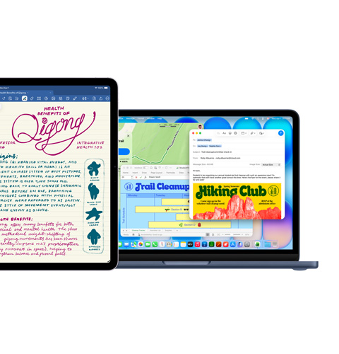 Goodnotes가 표시된 iPad의 화면 및 여러 개의 앱이 동시에 사용되고 있는 것을 보여주는 Mac의 화면의 모습