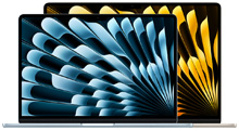 작은 MacBook Air 노트북이 큰 노트북 앞에 있는 모습. 두 대 모두 열려있고, 파란색 및 노란색의 추상적인 디자인이 적용된 화사한 배경화면을 표시하고 있습니다.