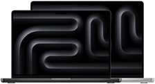 작은 MacBook Pro 노트북이 큰 노트북 앞에 놓여있는 모습. 두 대 모두 열려있고, 은색과 검은색으로 구성된 기하학적 디자인의 배경화면을 보여줍니다.