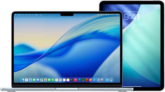 왼쪽에 놓인 MacBook 및 오른쪽에 놓인 iPad의 모습. 두 기기 모두 동일한 파란색과 녹색의 배경화면을 보여주는 화면을 표시하고 있습니다.