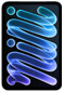 iPad mini, front view, featuring vibrant, gradiant cursive that reads “mini”