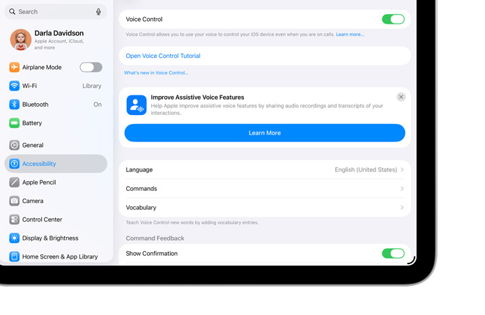 Voice Control settings on iPad, showing how iPad enables users to navigate their device using built-in Accessibility features