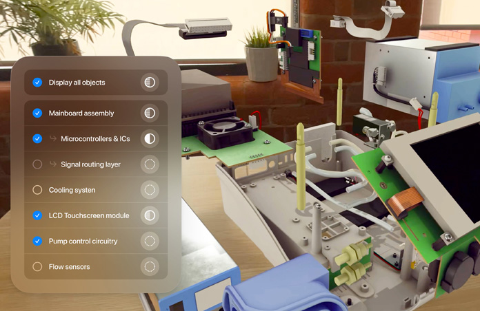 Vue en réalité augmentée d’un grand appareil électronique, avec une liste de composants interactive 
