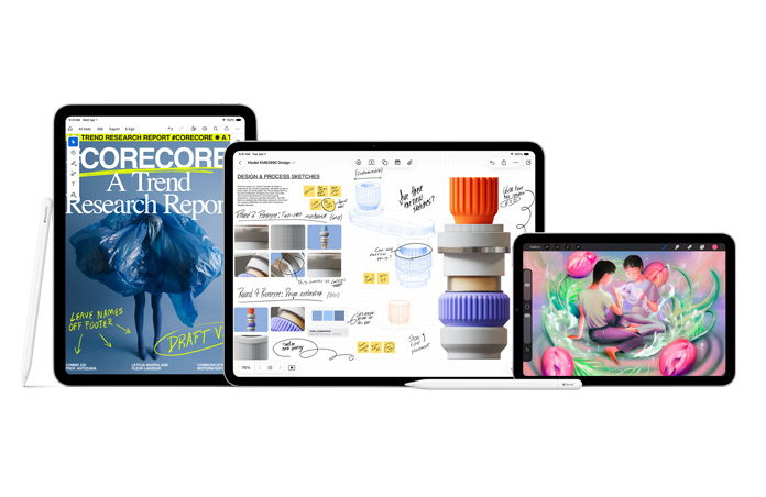 Family of iPad devices including iPad Pro, iPad Air and iPad, Apple Pencil Pro rests on iPad Pro, with Apple Pencil laid flat in front of others