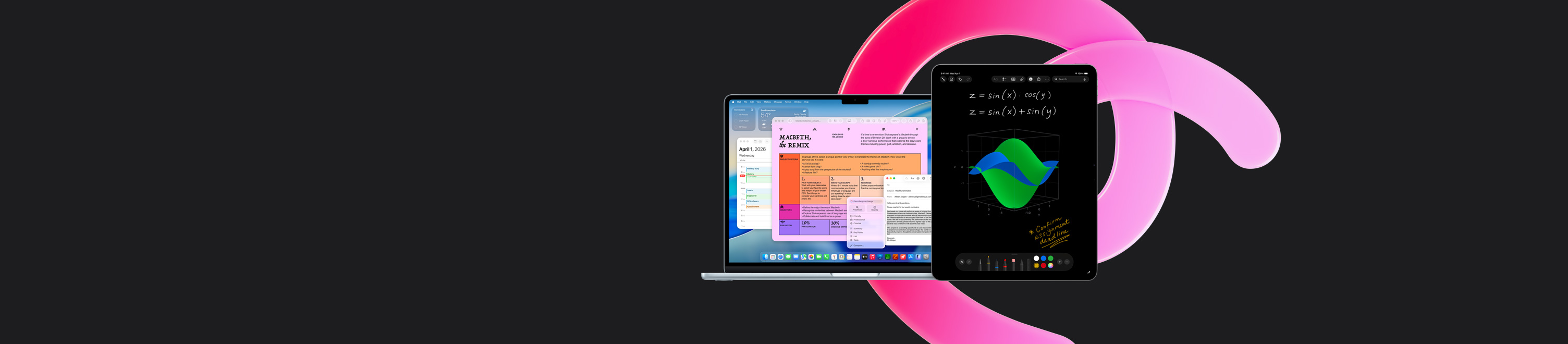 MacBook Air shows Pages, Calendar, Alert and Mail alongside an iPad that shows handwritten equations in Math Notes, demonstrating productivity with built-in apps