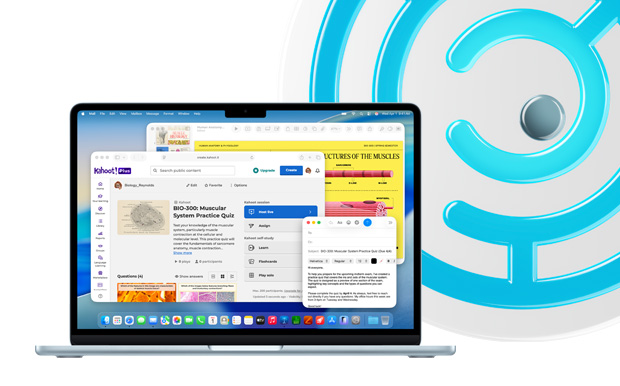 MacBook, Sky Blue, open laptop displaying educational content in Keynote, Mail and Safari showing Kahoot!, including “BIO-200 Muscular System Practice Quiz”