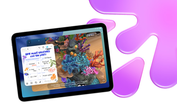 iPad affichant une image qui illustre une chasse au trésor aquatique dans Freeform et JigSpace, mettant en évidence le potentiel de créativité