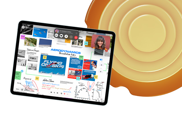 iPad, vue de face, affichant divers sujets et croquis dans Freeform, dont « L’aérodynamique » et « Skier dans les airs »
