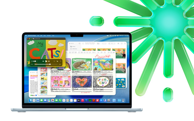 MacBook in Sky Blue, displaying Quicktime, Notes, Keynote and Photos, showcasing ability to multitask with multiple apps
