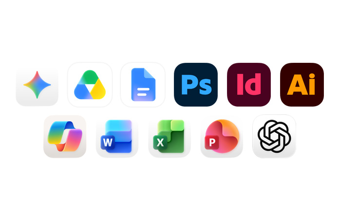 Row of icons including Gemini, Google Drive, Google Docs, Adobe Photoshop, Adobe InDesign, Adobe Illustrator, Microsoft Copilot, Microsoft Word, Microsoft excel, Microsoft Powerpoint and ChatGPT