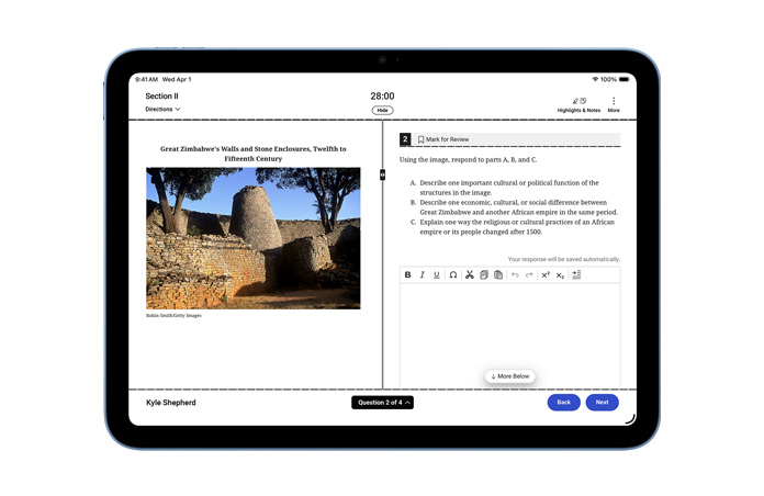 iPad showing exam in progress, emphasising support for range of assessment tools