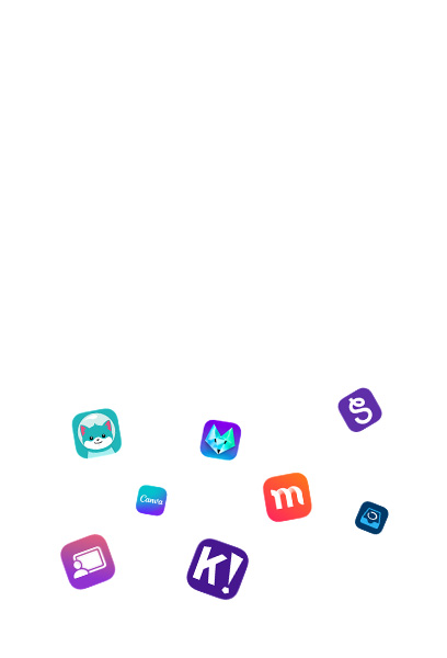 Burst of school app partner icons, Jamf Teacher, GeoGebra, Kaligo, Canva, Kahoot!, Foxar, Magma Math, Goodnotes, Seesaw and Showbie