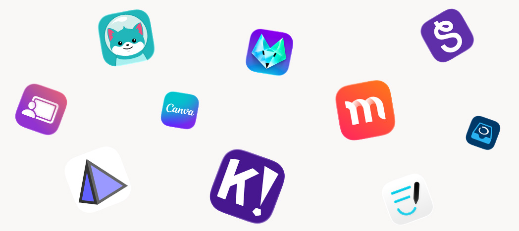 Burst of school app partner icons, Jamf Teacher, GeoGebra, Kaligo, Canva, Kahoot!, Foxar, Magma Math, Goodnotes, Seesaw and Showbie