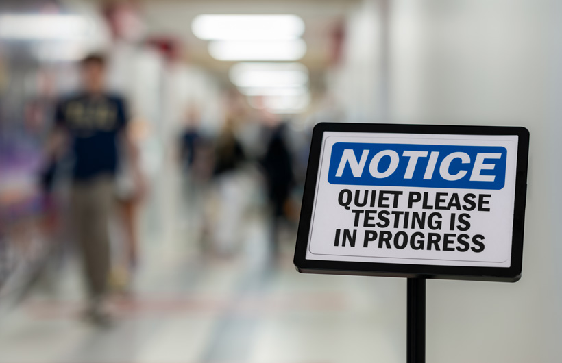 A sign reads ‘Notice. Quiet please testing is in progress’, in a school hallway with people walking in the background.