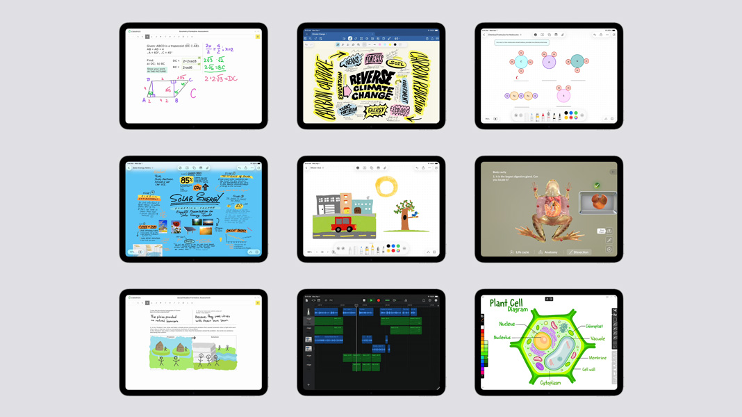 A 3-by-3 grid of iPad devices showing different educational content, including handwritten math problems, solar energy curriculum, the anatomy of a frog, a calendar schedule and a plant cell’s structure.