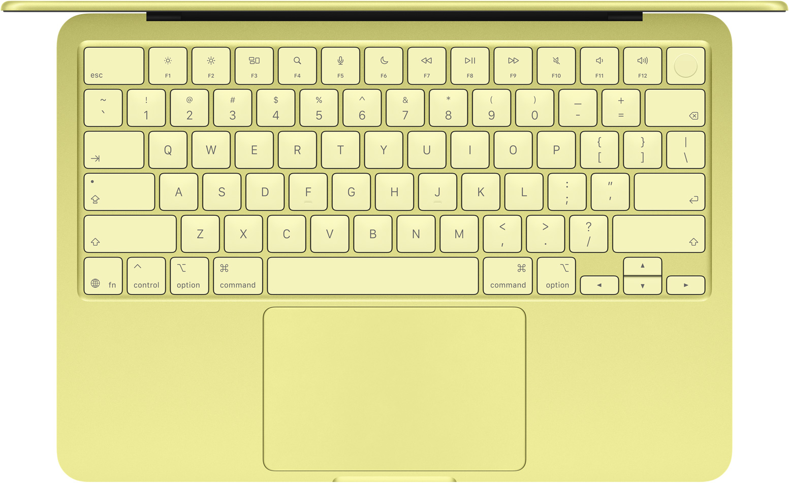 MacBook Neo, top view, keyboard, full-sized function key row, Touch ID button, trackpad, citrus colour
