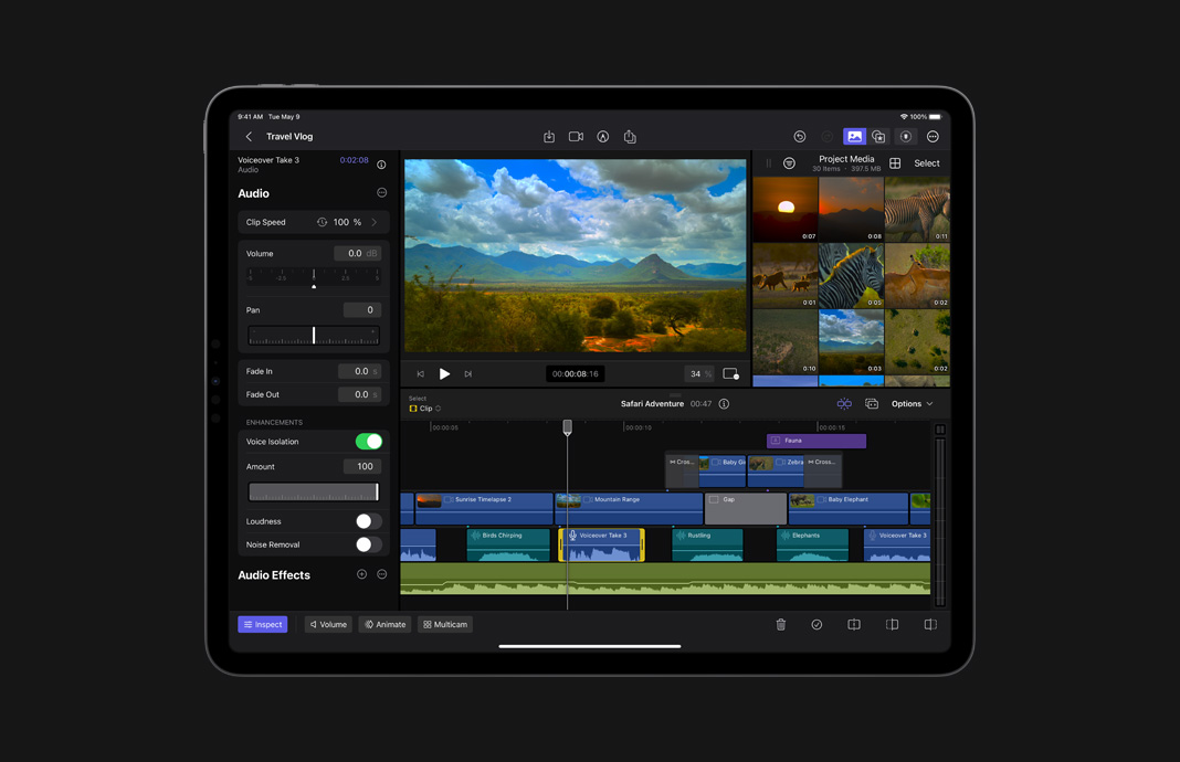 在 iPad Pro 上的 iPad 版 Final Cut Pro 調整音訊以消除背景雜音。