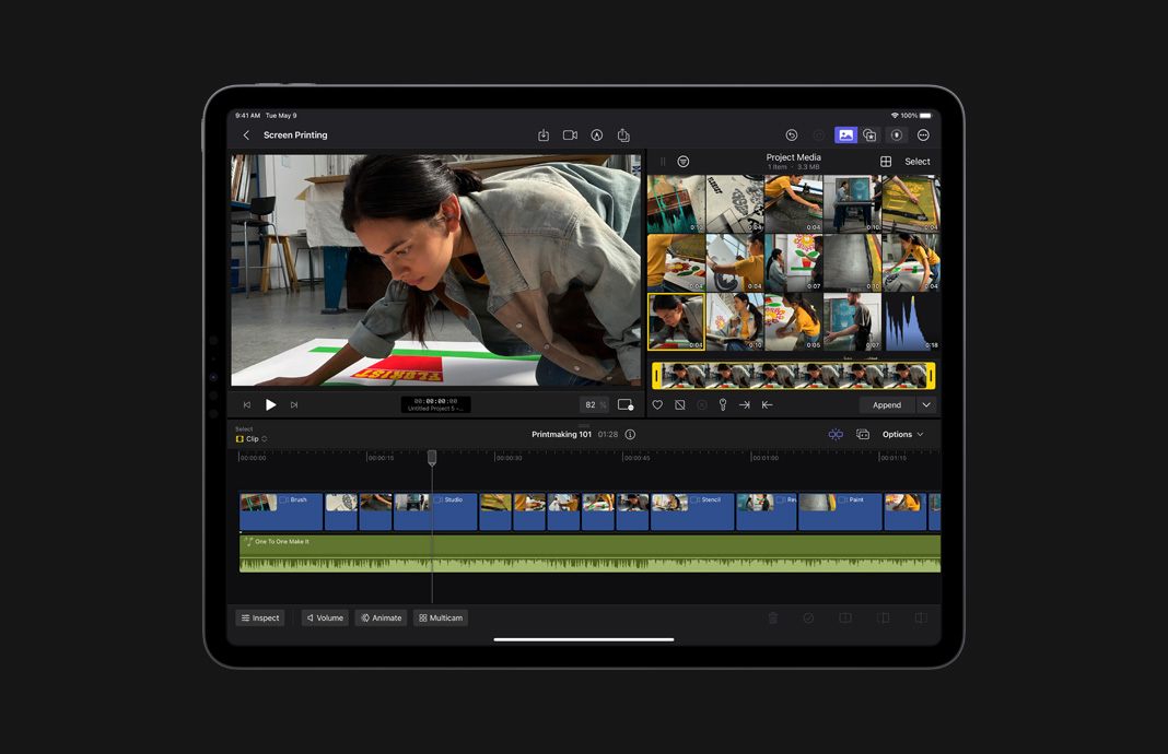 iPad Pro 上的 iPad 版 Final Cut Pro 瀏覽器儲存了女性藝術家的影片素材。
