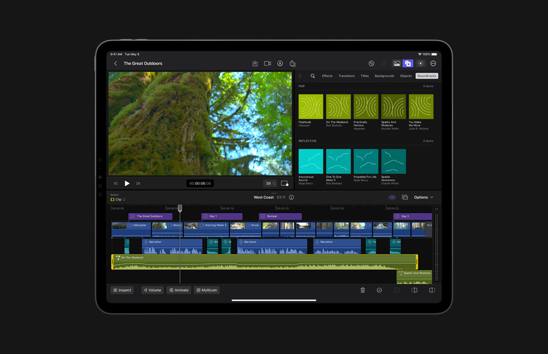 Close up of audio timeline in Final Cut Pro for iPad on iPad Pro.